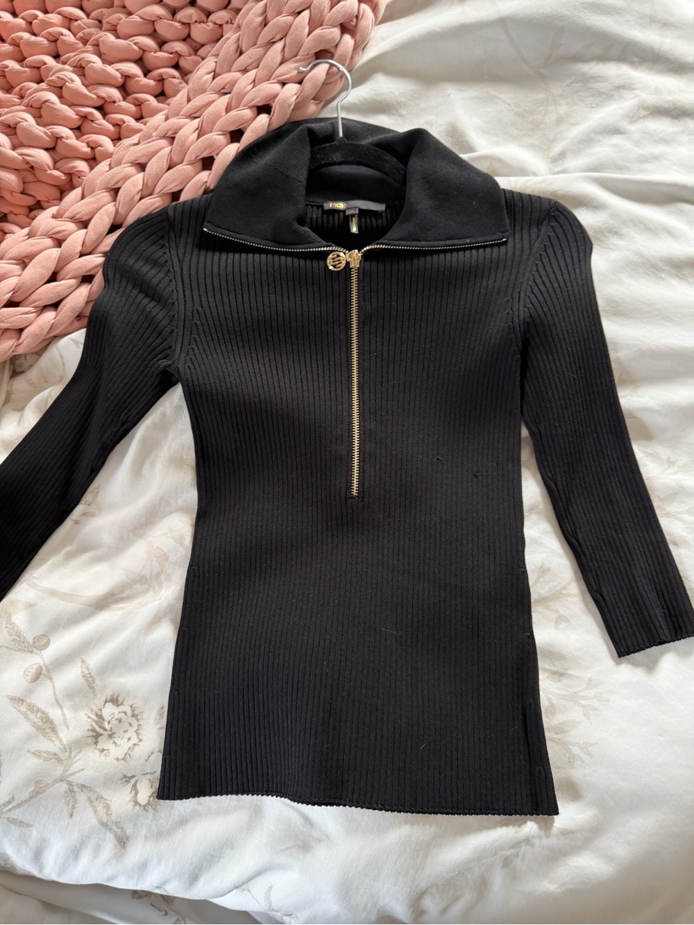 Maje Black Ribbed Zip-Front Long Sleeve Sweater